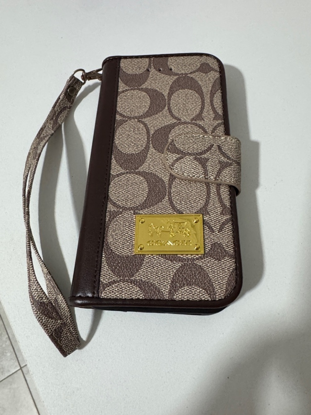 Coach Brown & Tan Signature Wristlet Wallet with Gold Plaque